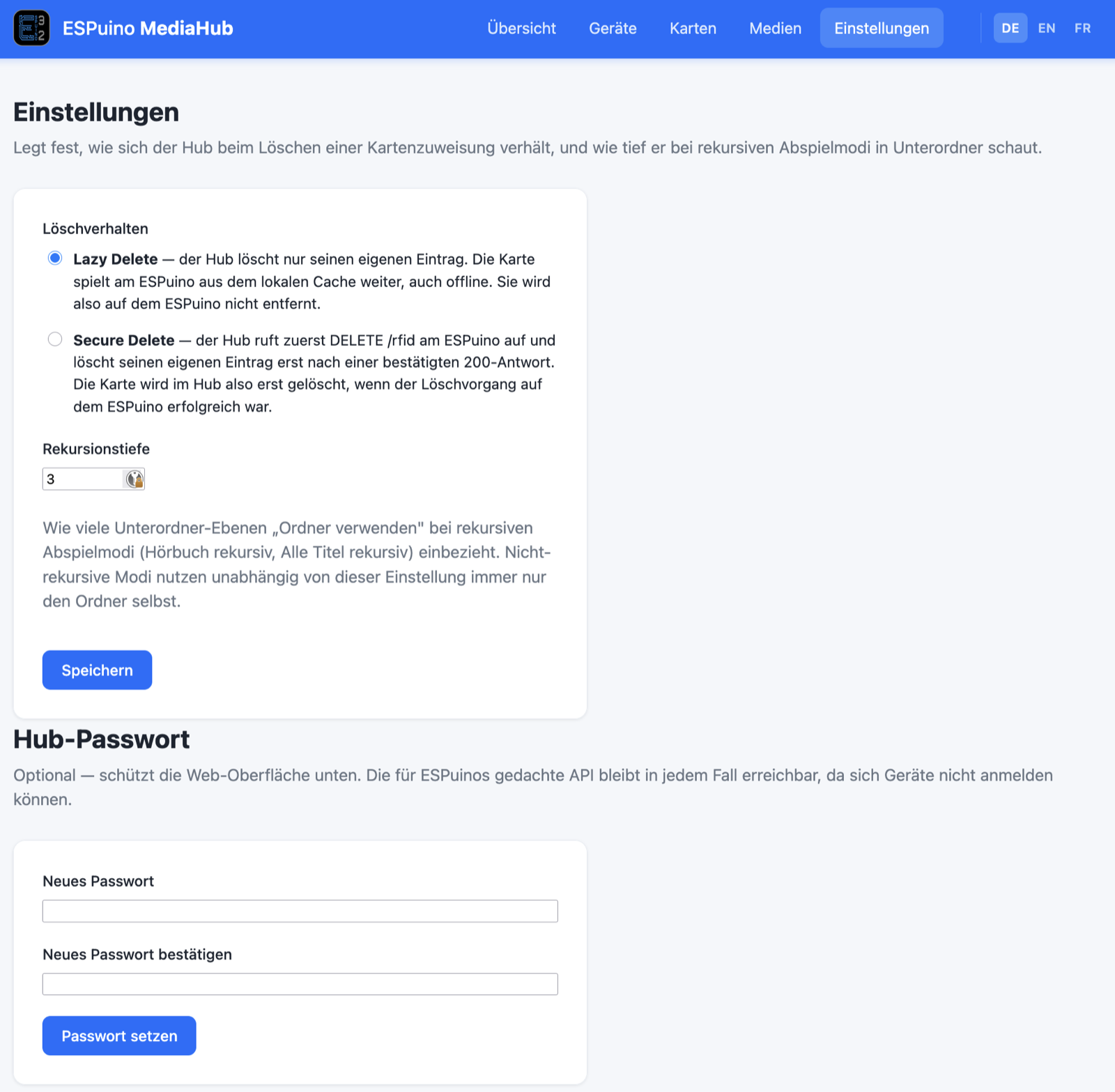 Die Einstellungen-Seite im MediaHub: Löschverhalten (Lazy/Secure Delete), Rekursionstiefe und optionales Hub-Passwort
