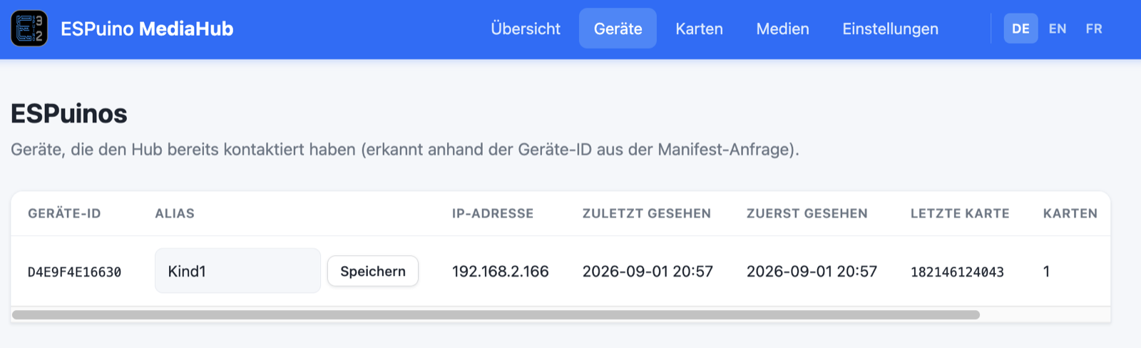 Die Geräte-Übersicht im MediaHub: registrierte ESPuinos mit Geräte-ID, editierbarem Alias, IP-Adresse, Zeitstempeln und letzter Karte