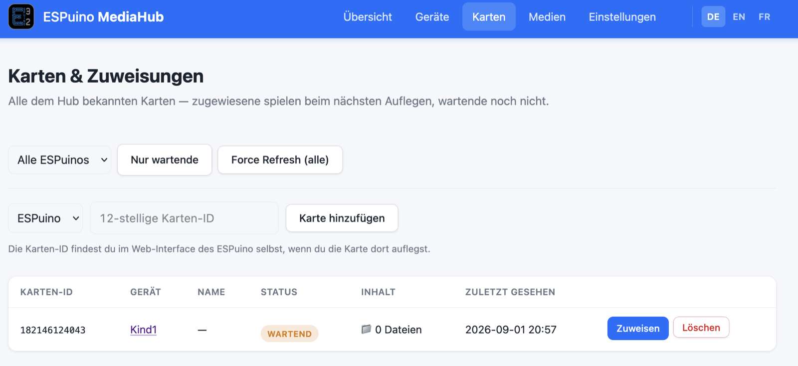 Die Karten-und-Zuweisungen-Seite im MediaHub mit einer wartenden, noch nicht zugewiesenen Karte