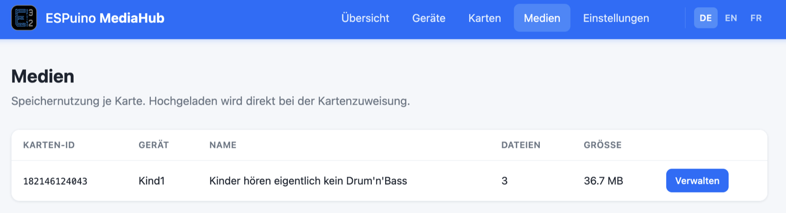 Die Medien-Übersicht im MediaHub mit Speichernutzung je Karte