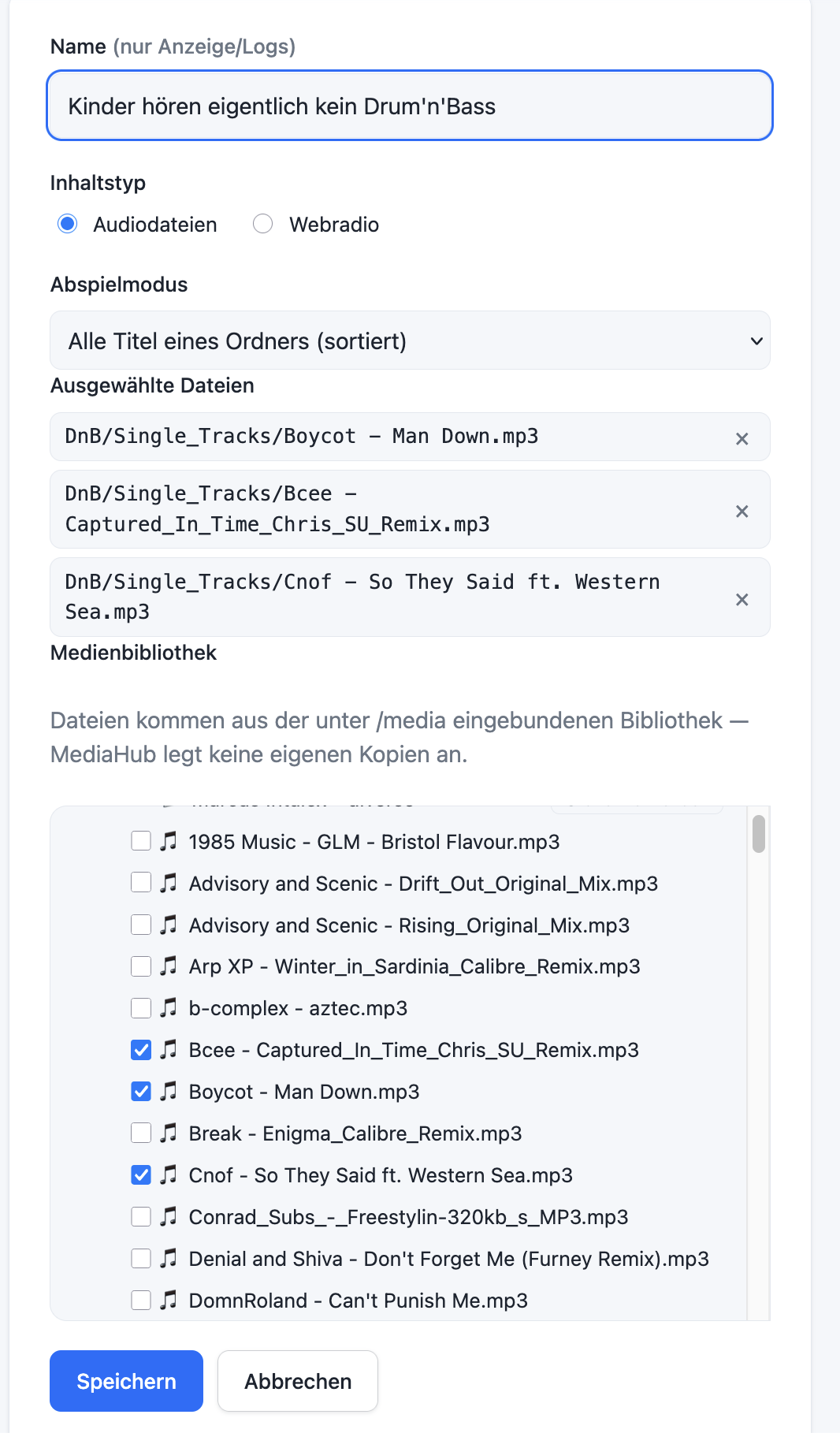 Mehrere einzeln angehakte Dateien innerhalb eines Ordners im Zuweisungsformular des MediaHub