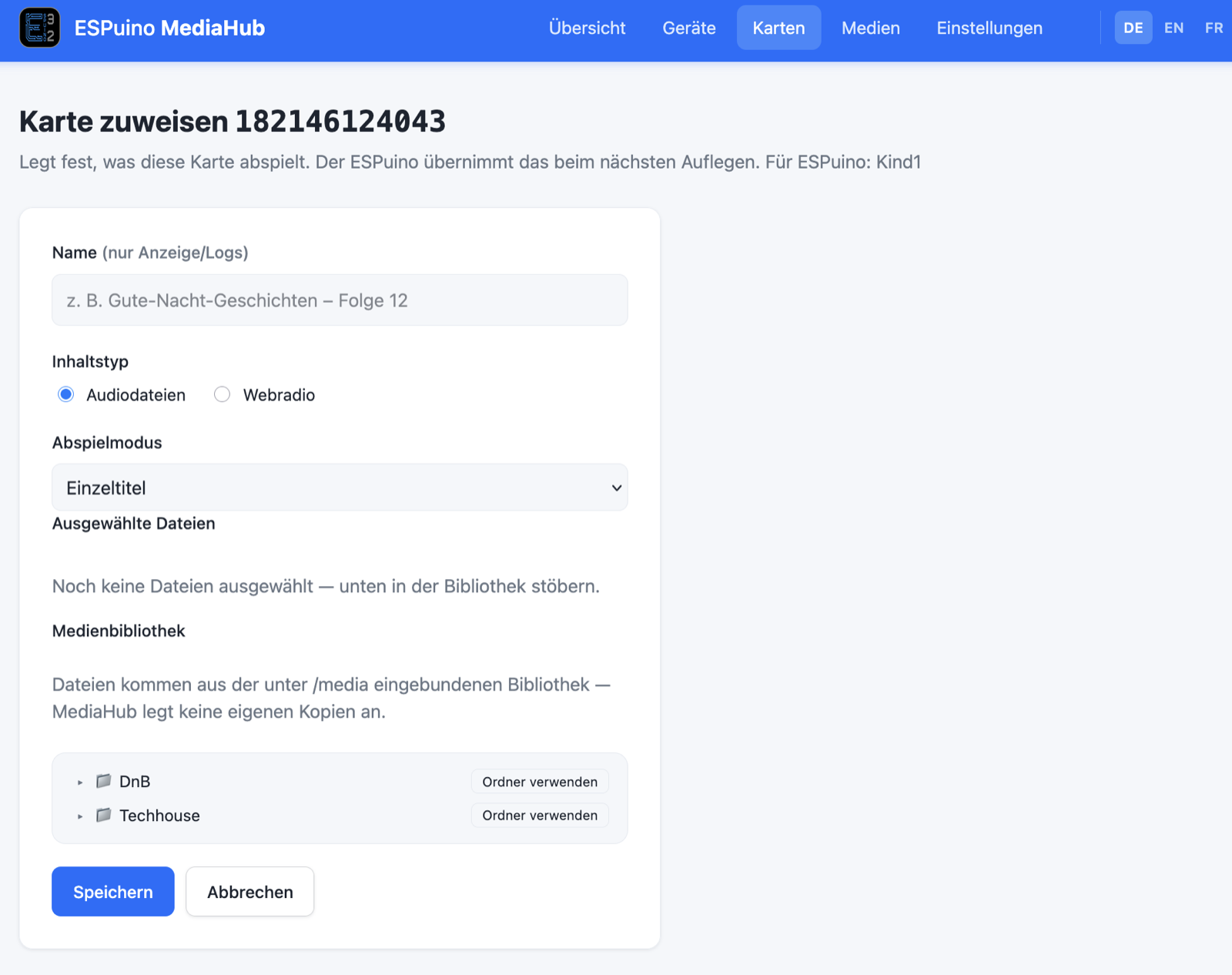 Das Zuweisungsformular im MediaHub: Name, Inhaltstyp, Abspielmodus und ein Ordnerbaum der eingebundenen Medienbibliothek